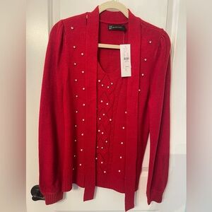 New York & Company Red Cardigan with Pearl Details